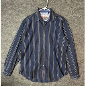 Robert Graham Mens L/G Blue Striped Pattern Button Down Shirt Long Sleeve Cotton